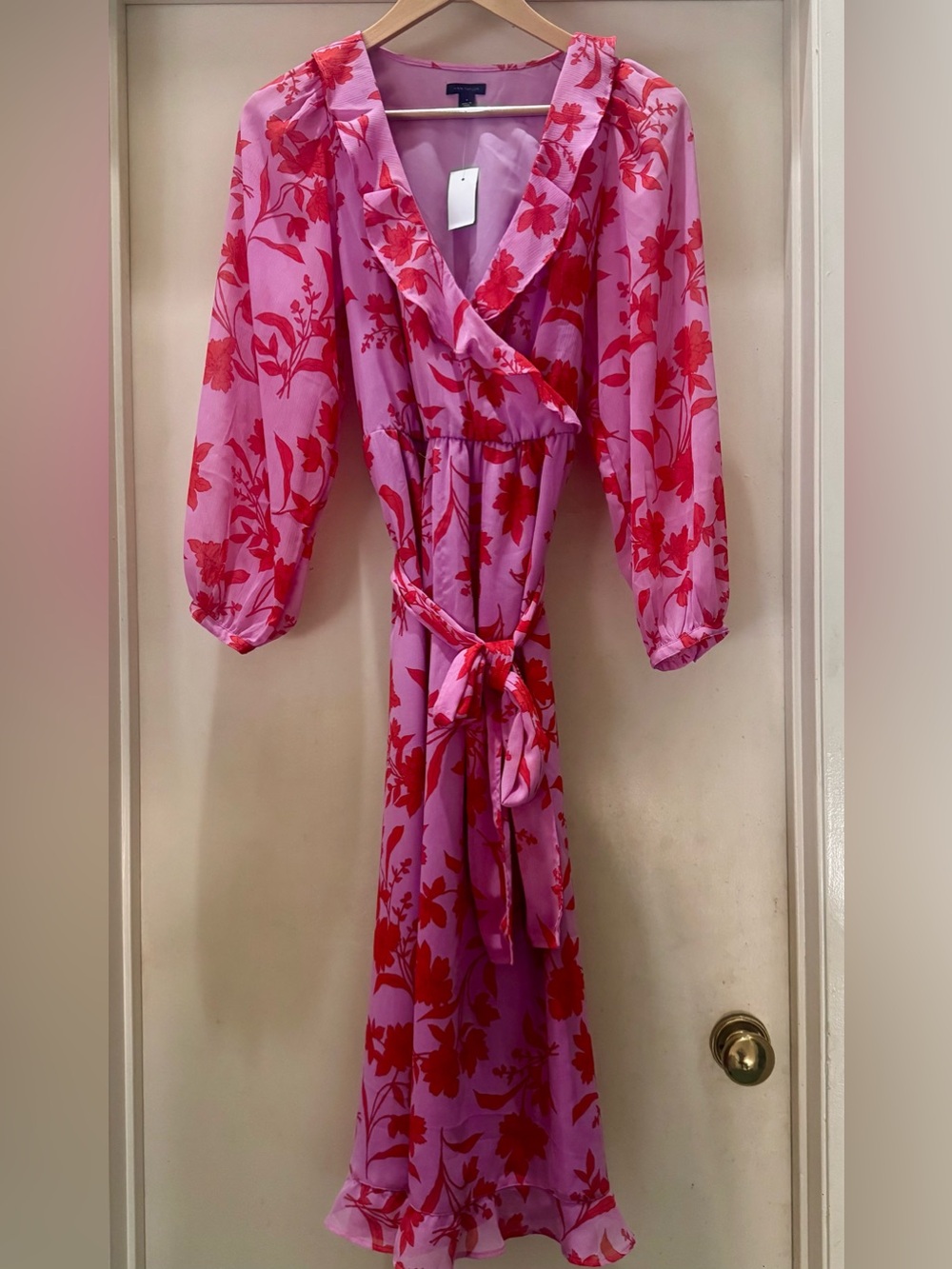 Ann Taylor Floral Faux Wrap Midi Dress in Pink & Red NWT Size 4